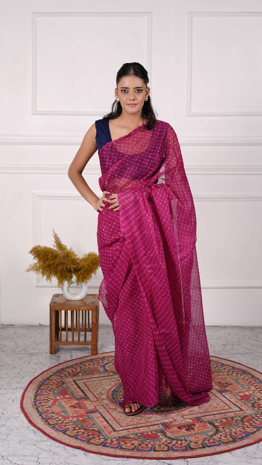Pure Chinon Lehariya Saree, Mothra Design, Double Lehariya, Color-Dark Magenta