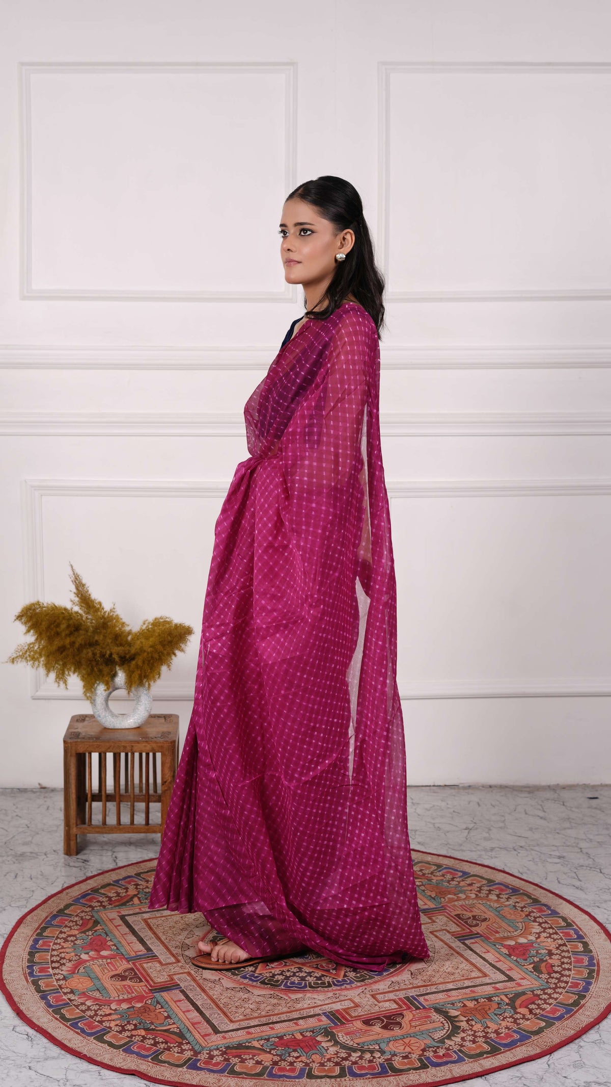 Pure Chinon Lehariya Saree, Mothra Design, Double Lehariya, Color-Dark Magenta