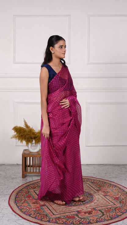 Pure Chinon Lehariya Saree, Mothra Design, Double Lehariya, Color-Dark Magenta