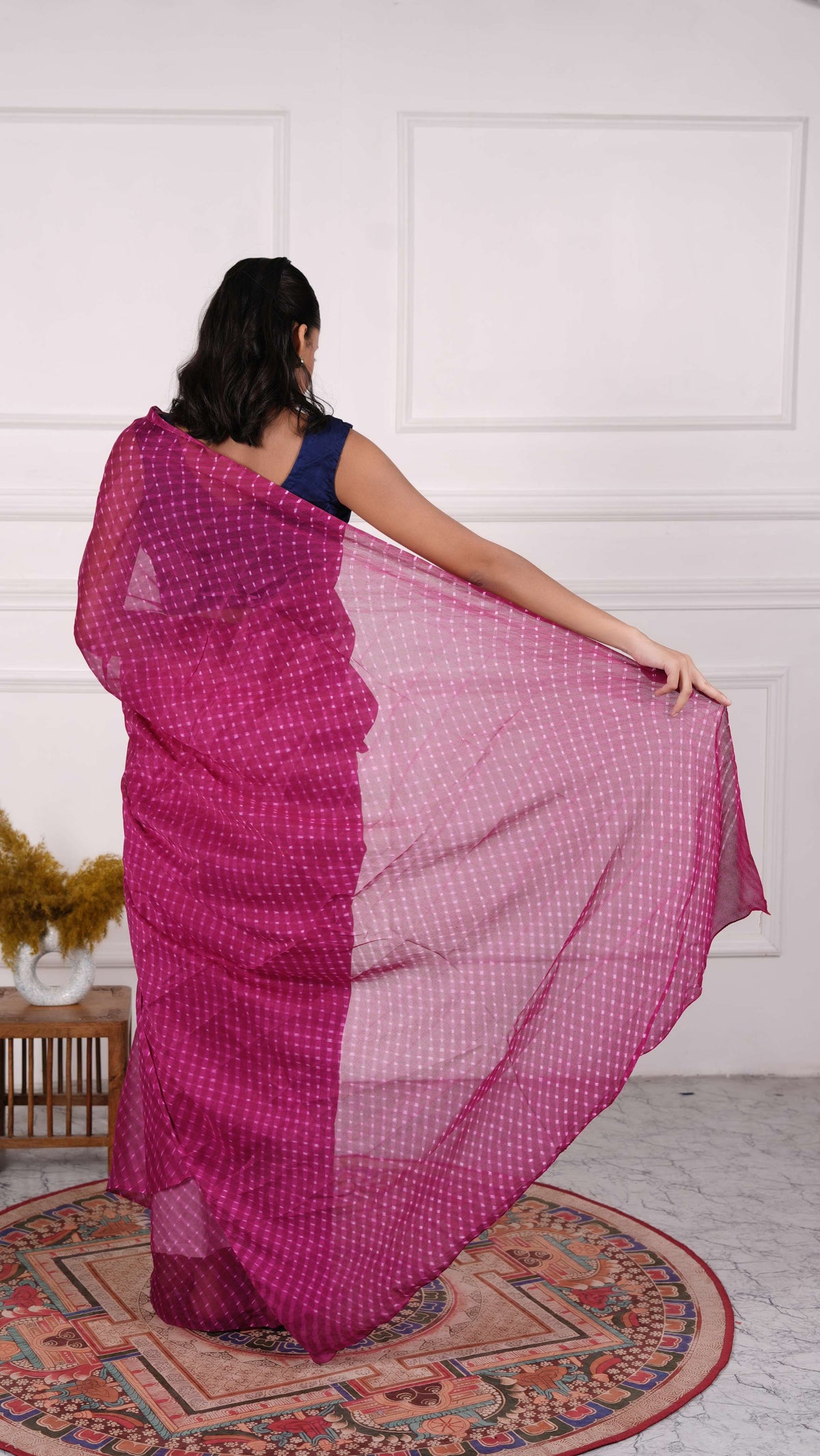 Pure Chinon Lehariya Saree, Mothra Design, Double Lehariya, Color-Dark Magenta