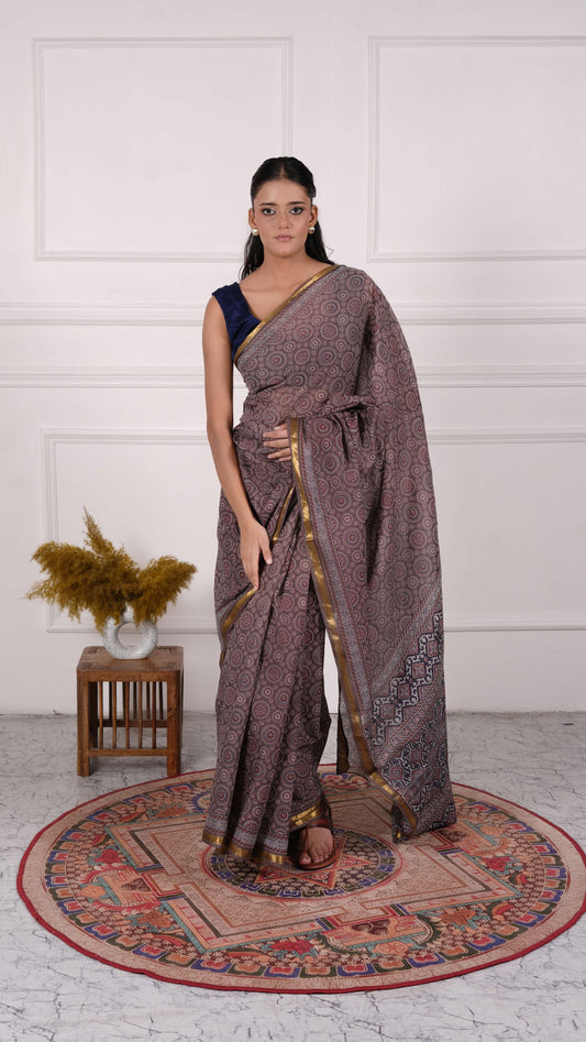 Ajrakh Saree, 100% Cotton, Deep Beige