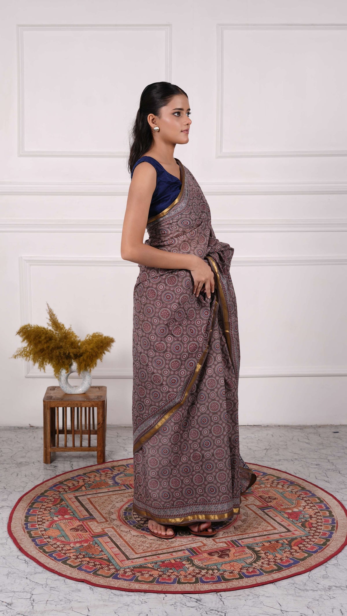 Ajrakh Saree, 100% Cotton, Deep Beige
