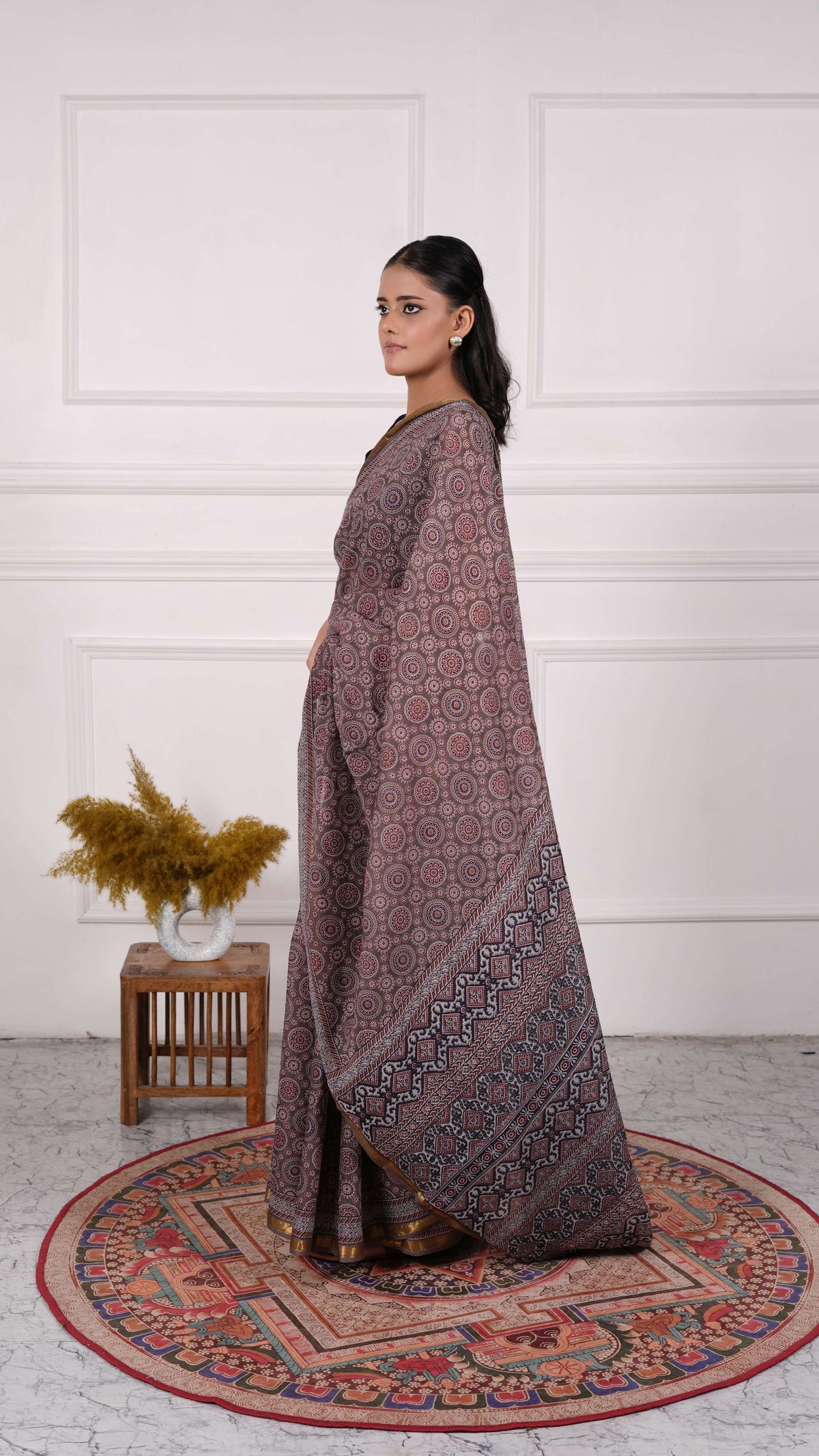 Ajrakh Saree, 100% Cotton, Deep Beige