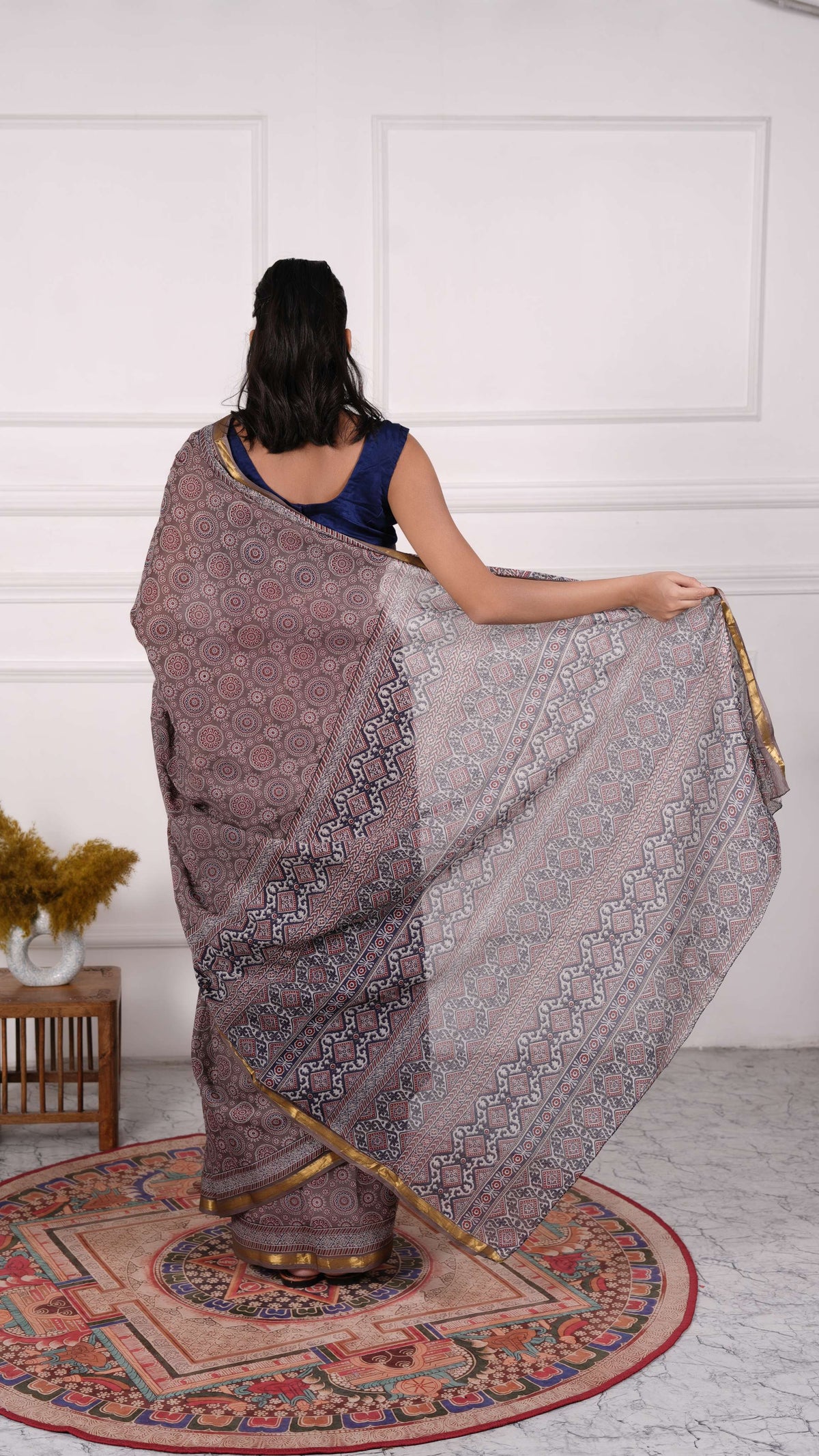 Ajrakh Saree, 100% Cotton, Deep Beige
