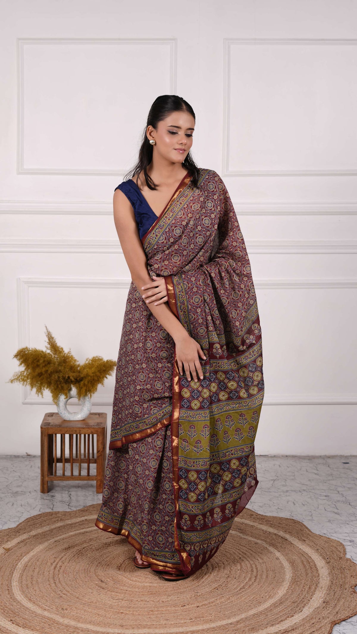Ajrakh Saree, 100% Cotton, Color-Maroon