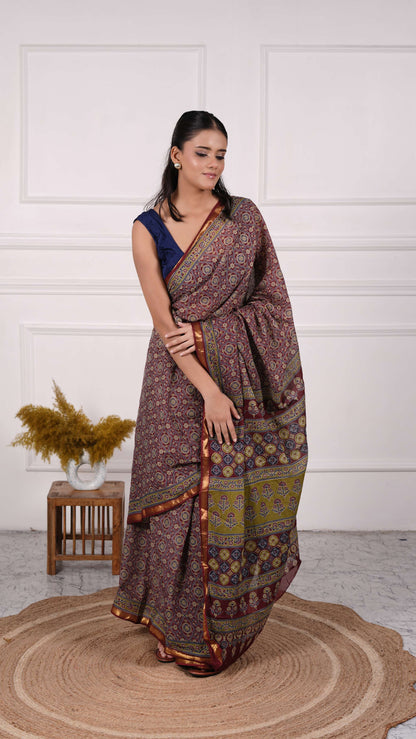 Ajrakh Saree, 100% Cotton, Color-Maroon