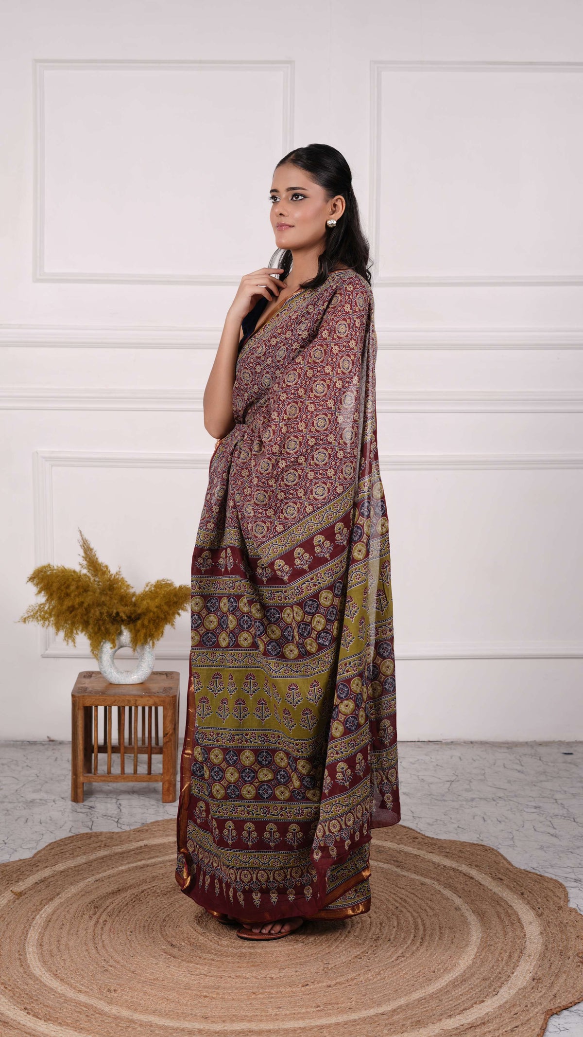 Ajrakh Saree, 100% Cotton, Color-Maroon