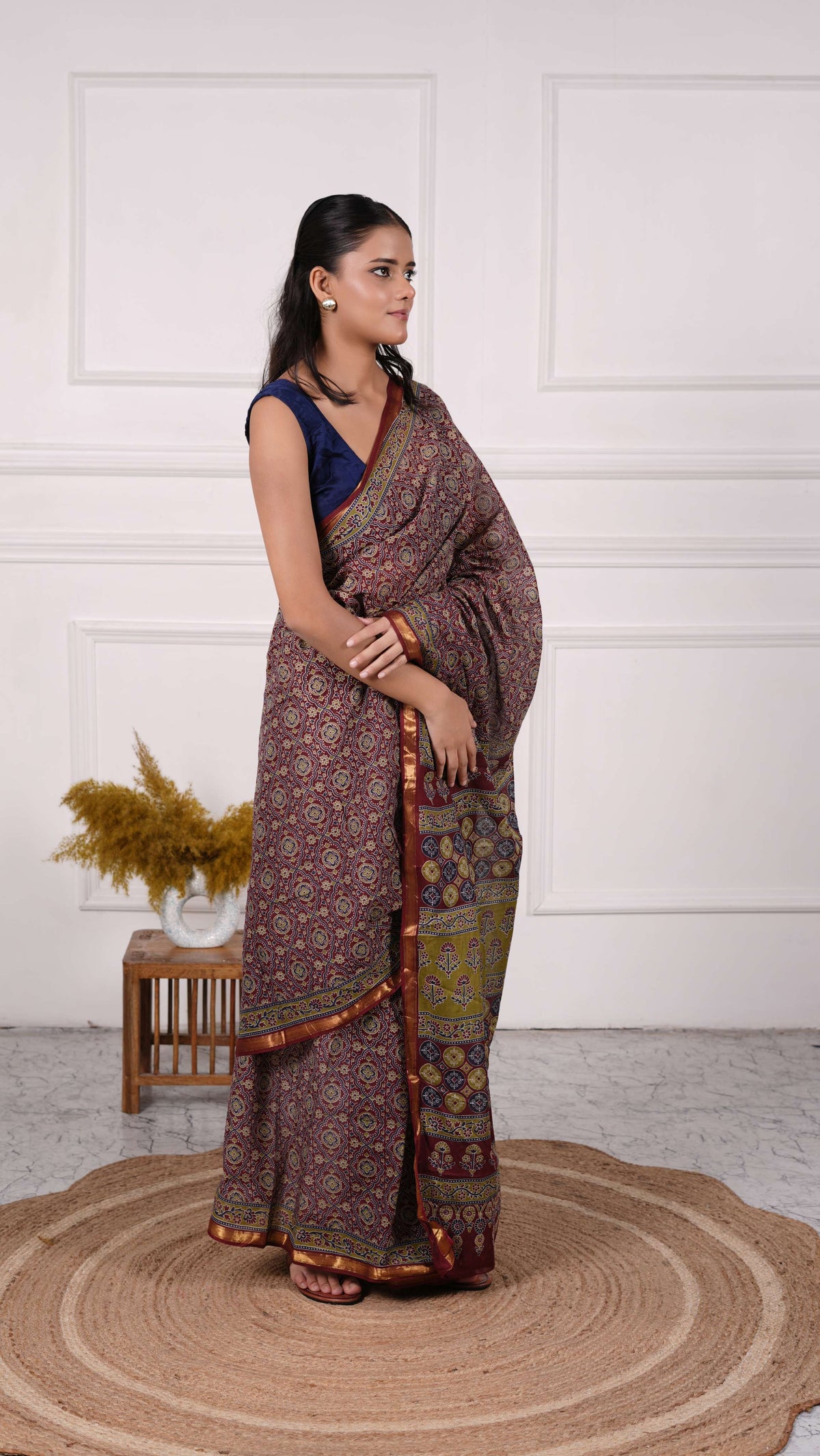 Ajrakh Saree, 100% Cotton, Color-Maroon