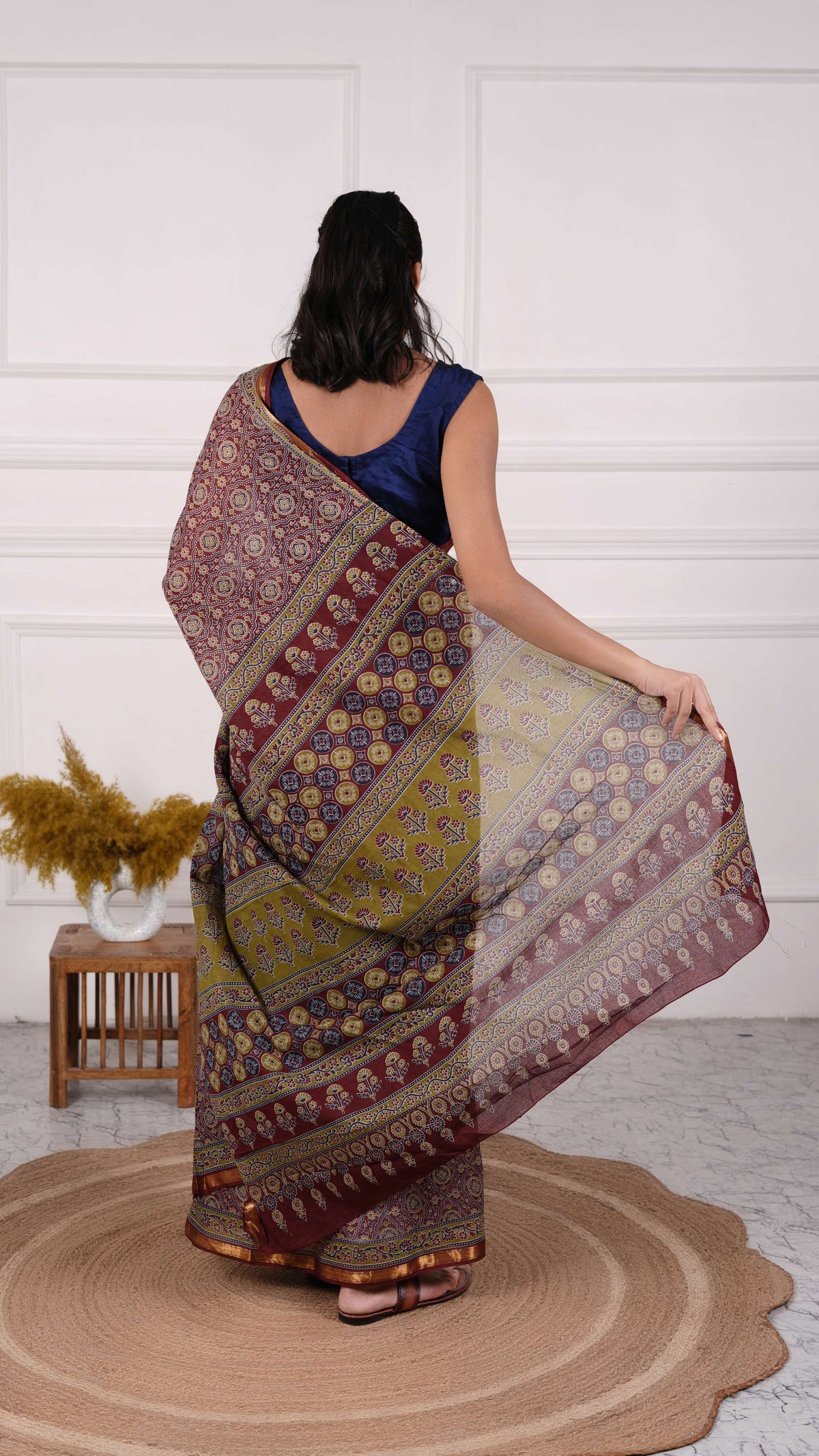 Ajrakh Saree, 100% Cotton, Color-Maroon