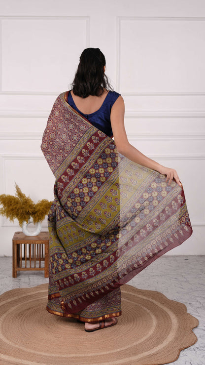 Ajrakh Saree, 100% Cotton, Color-Maroon