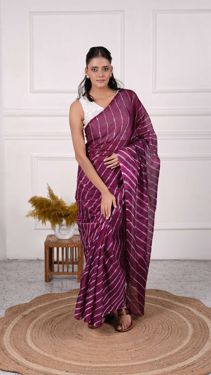 Pure Chiffon Lehariya Saree, Viscose Chiffon, Color-Purple w/Green