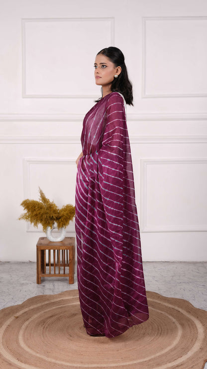 Pure Chiffon Lehariya Saree, Viscose Chiffon, Color-Purple w/Green