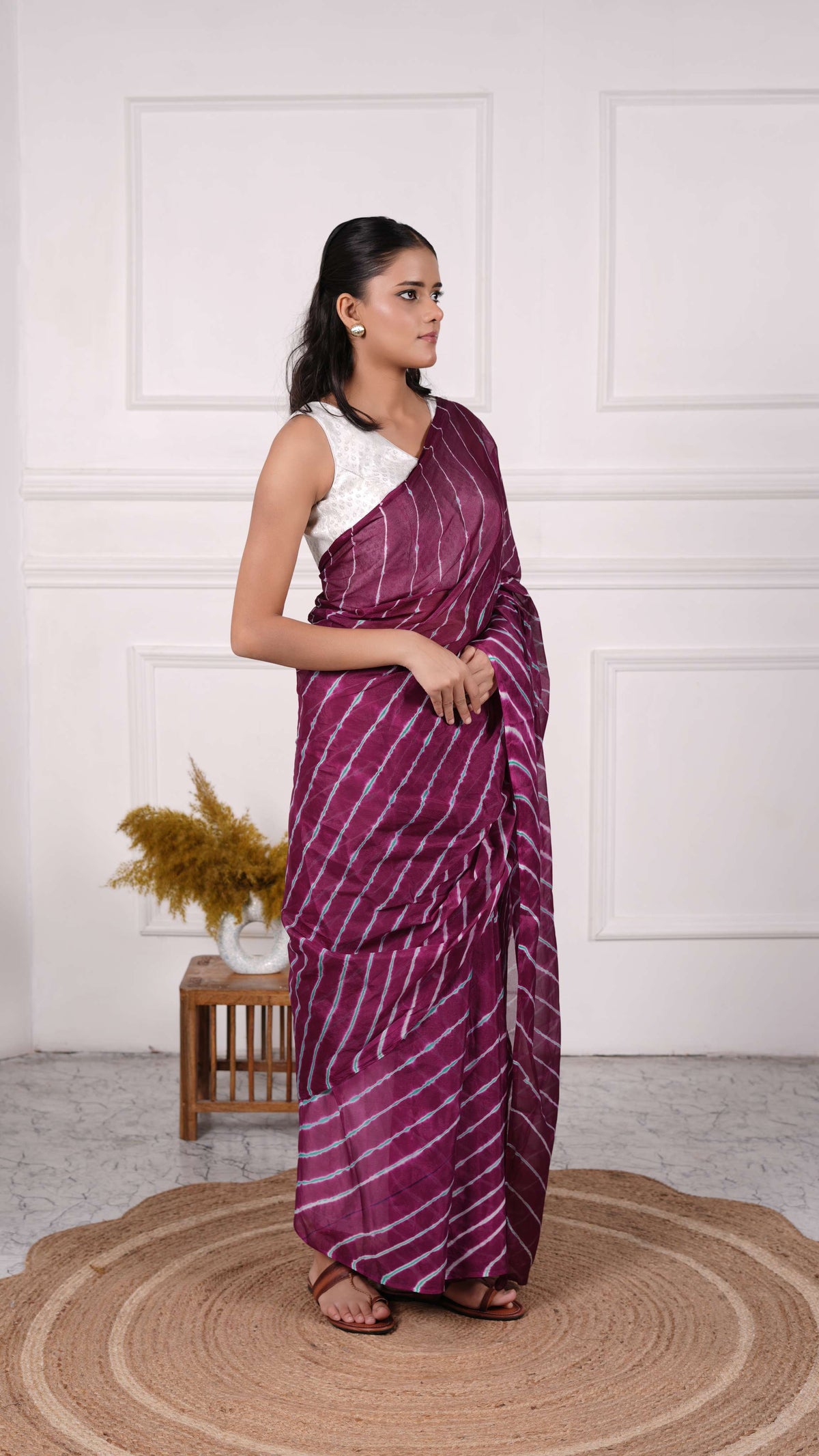 Pure Chiffon Lehariya Saree, Viscose Chiffon, Color-Purple w/Green