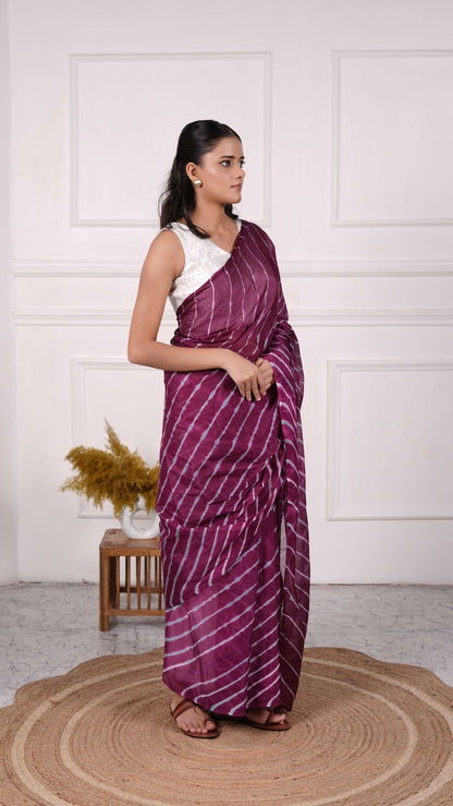 Pure Chiffon Lehariya Saree, Viscose Chiffon, Color-Purple w/Green