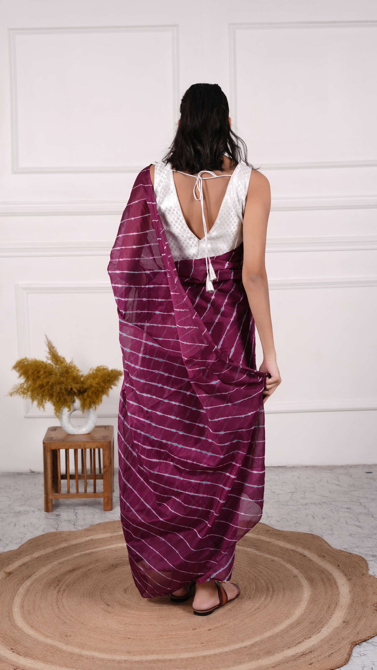 Pure Chiffon Lehariya Saree, Viscose Chiffon, Color-Purple w/Green