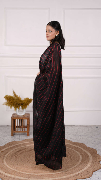 Pure Chiffon Lehariya Saree, Viscose Chiffon, Color-Black w/Red