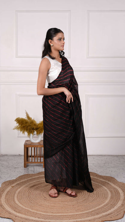 Pure Chiffon Lehariya Saree, Viscose Chiffon, Color-Black w/Red