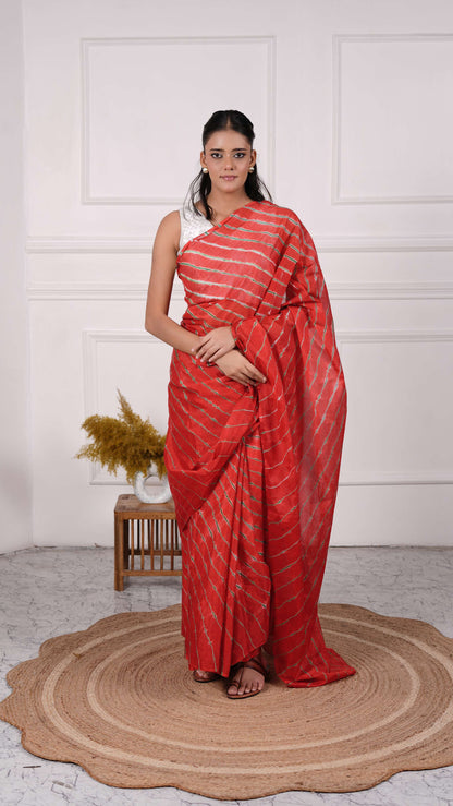 Pure Chiffon Lehariya Saree, Viscose Chiffon, Color-Red w/Green