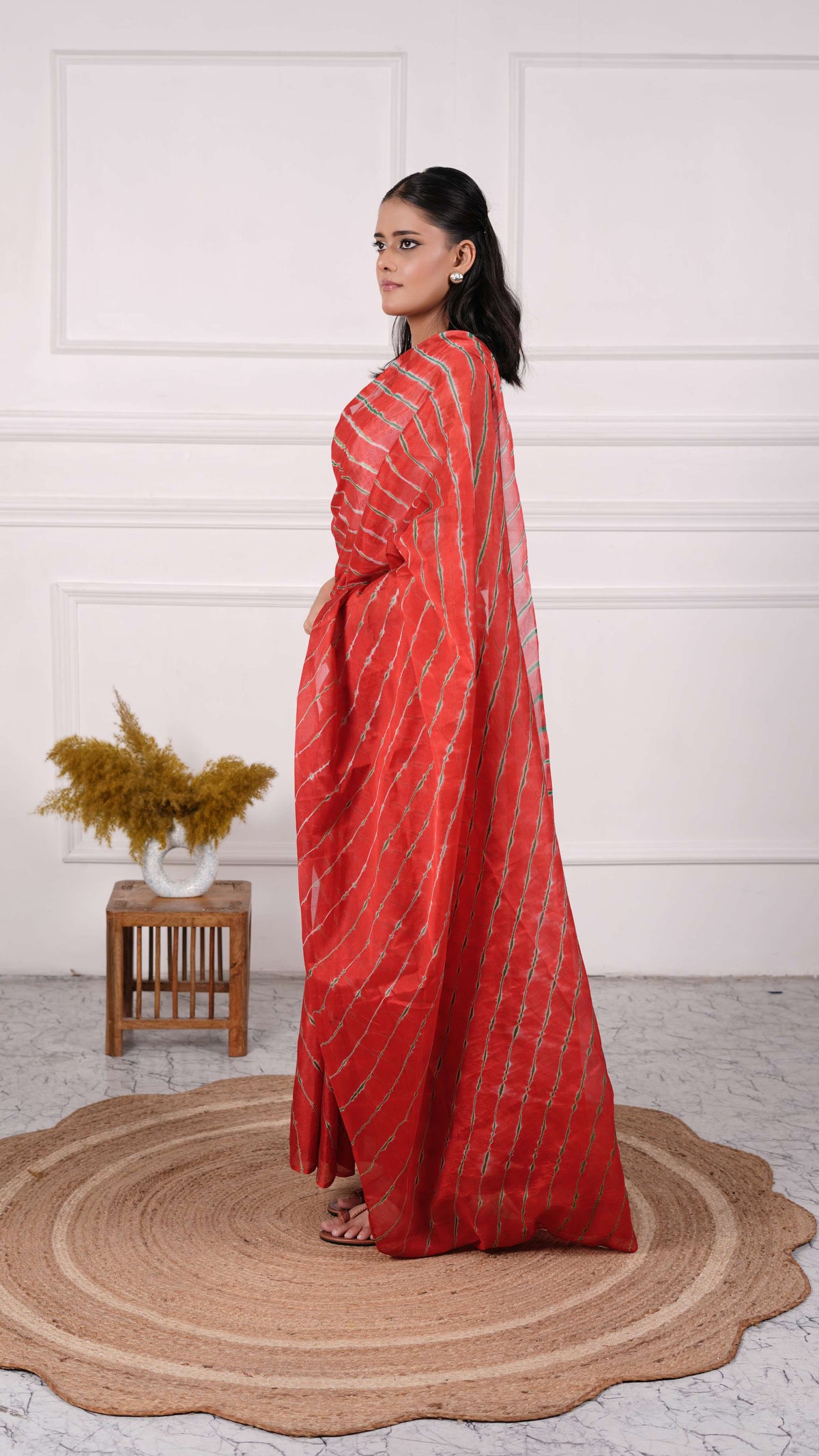 Pure Chiffon Lehariya Saree, Viscose Chiffon, Color-Red w/Green