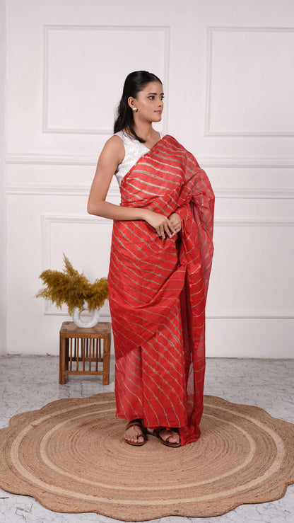 Pure Chiffon Lehariya Saree, Viscose Chiffon, Color-Red w/Green