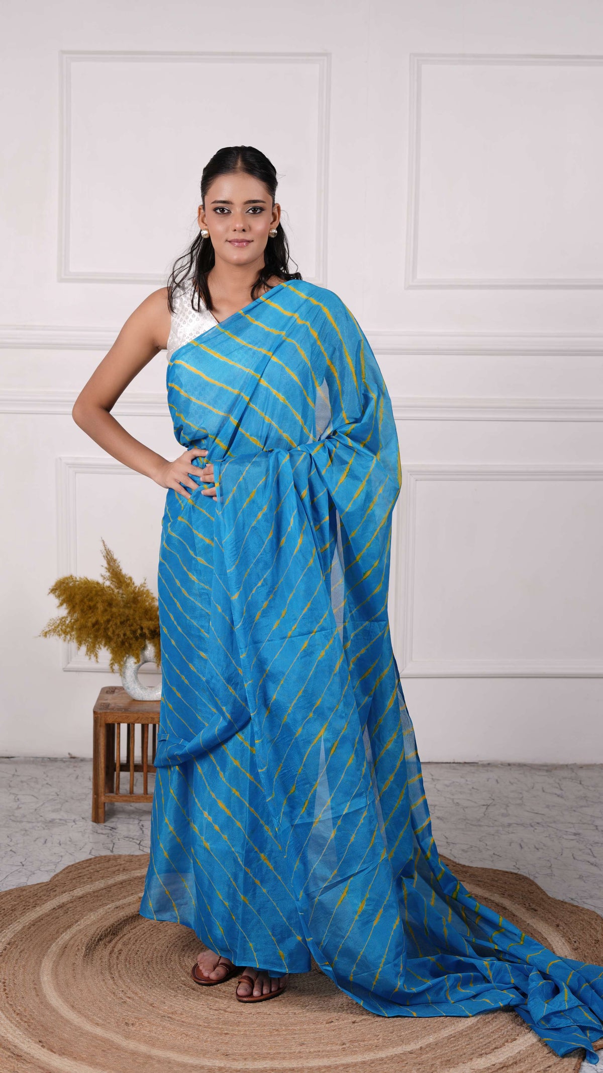 Pure Chiffon Lehariya Saree, Viscose Chiffon, Color-Turquoise w/Yellow