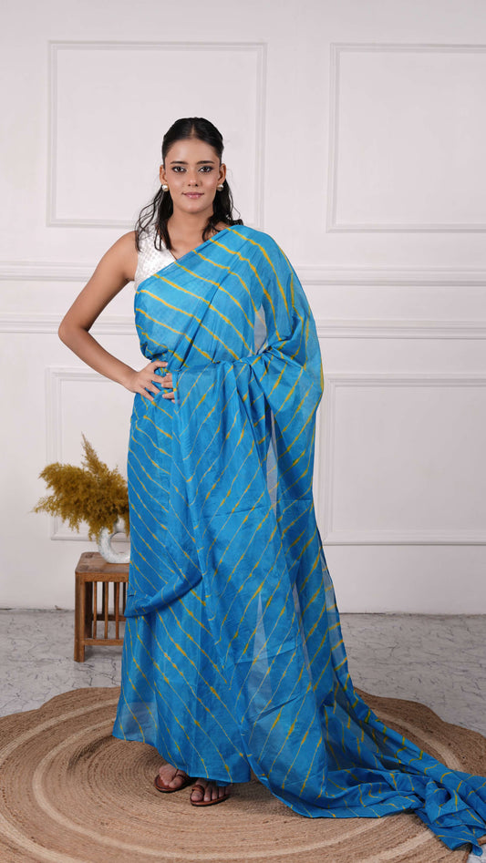 Pure Chiffon Lehariya Saree, Viscose Chiffon, Color-Turquoise w/Yellow