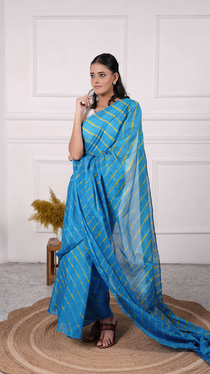 Pure Chiffon Lehariya Saree, Viscose Chiffon, Color-Turquoise w/Yellow