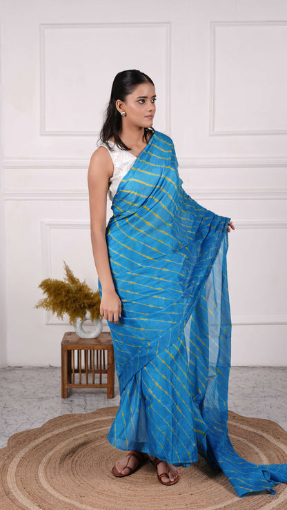 Pure Chiffon Lehariya Saree, Viscose Chiffon, Color-Turquoise w/Yellow