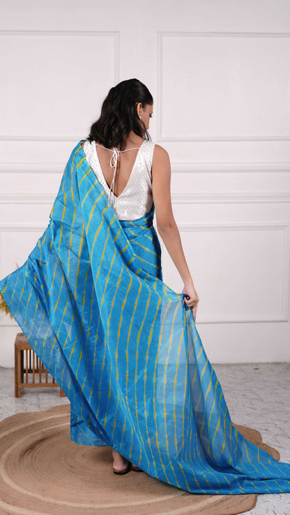 Pure Chiffon Lehariya Saree, Viscose Chiffon, Color-Turquoise w/Yellow