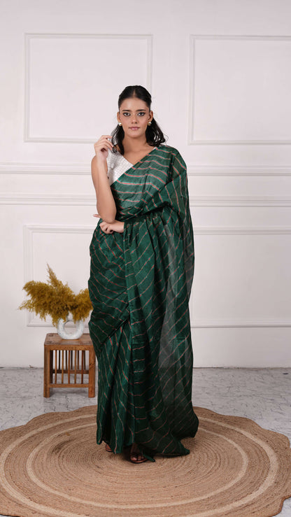 Pure Chiffon Lehariya Saree, Viscose Chiffon, Color-Olive Green w/Red