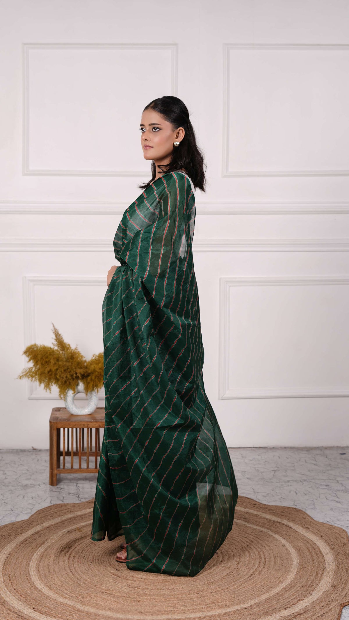 Pure Chiffon Lehariya Saree, Viscose Chiffon, Color-Olive Green w/Red