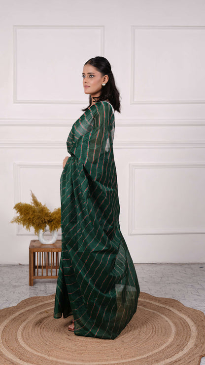 Pure Chiffon Lehariya Saree, Viscose Chiffon, Color-Olive Green w/Red