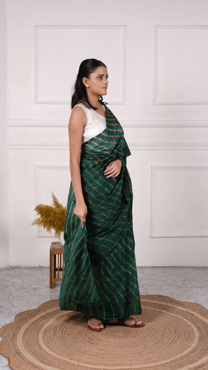 Pure Chiffon Lehariya Saree, Viscose Chiffon, Color-Olive Green w/Red