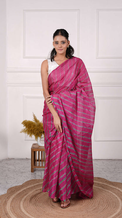 Pure Chiffon Lehariya Saree, Viscose Chiffon, Color-Magenta w/Green