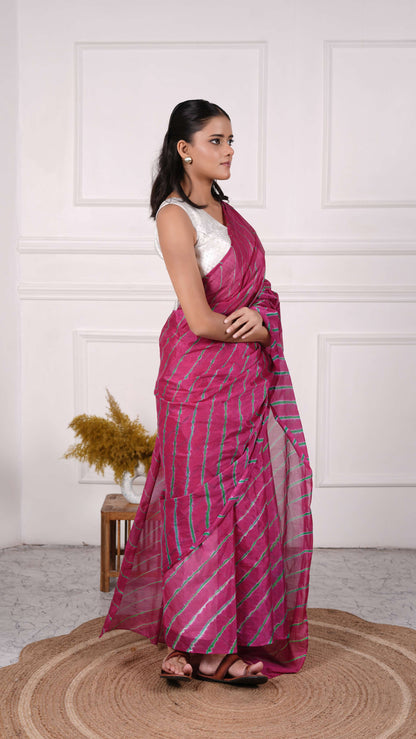 Pure Chiffon Lehariya Saree, Viscose Chiffon, Color-Magenta w/Green