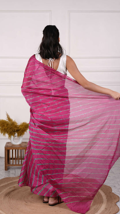 Pure Chiffon Lehariya Saree, Viscose Chiffon, Color-Magenta w/Green