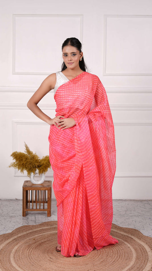 Pure Chinon Lehariya Saree, Mothra Design, Double Lehariya, Color-Coral Red