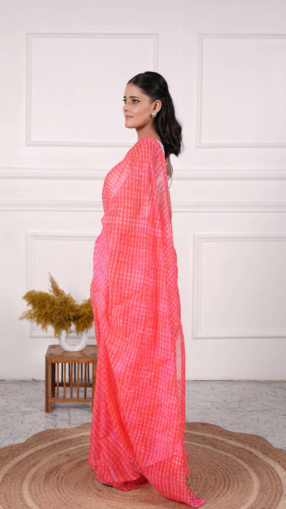 Pure Chinon Lehariya Saree, Mothra Design, Double Lehariya, Color-Coral Red