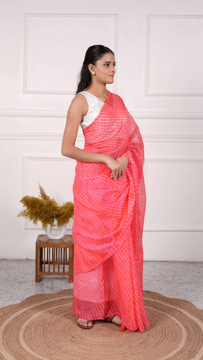 Pure Chinon Lehariya Saree, Mothra Design, Double Lehariya, Color-Coral Red