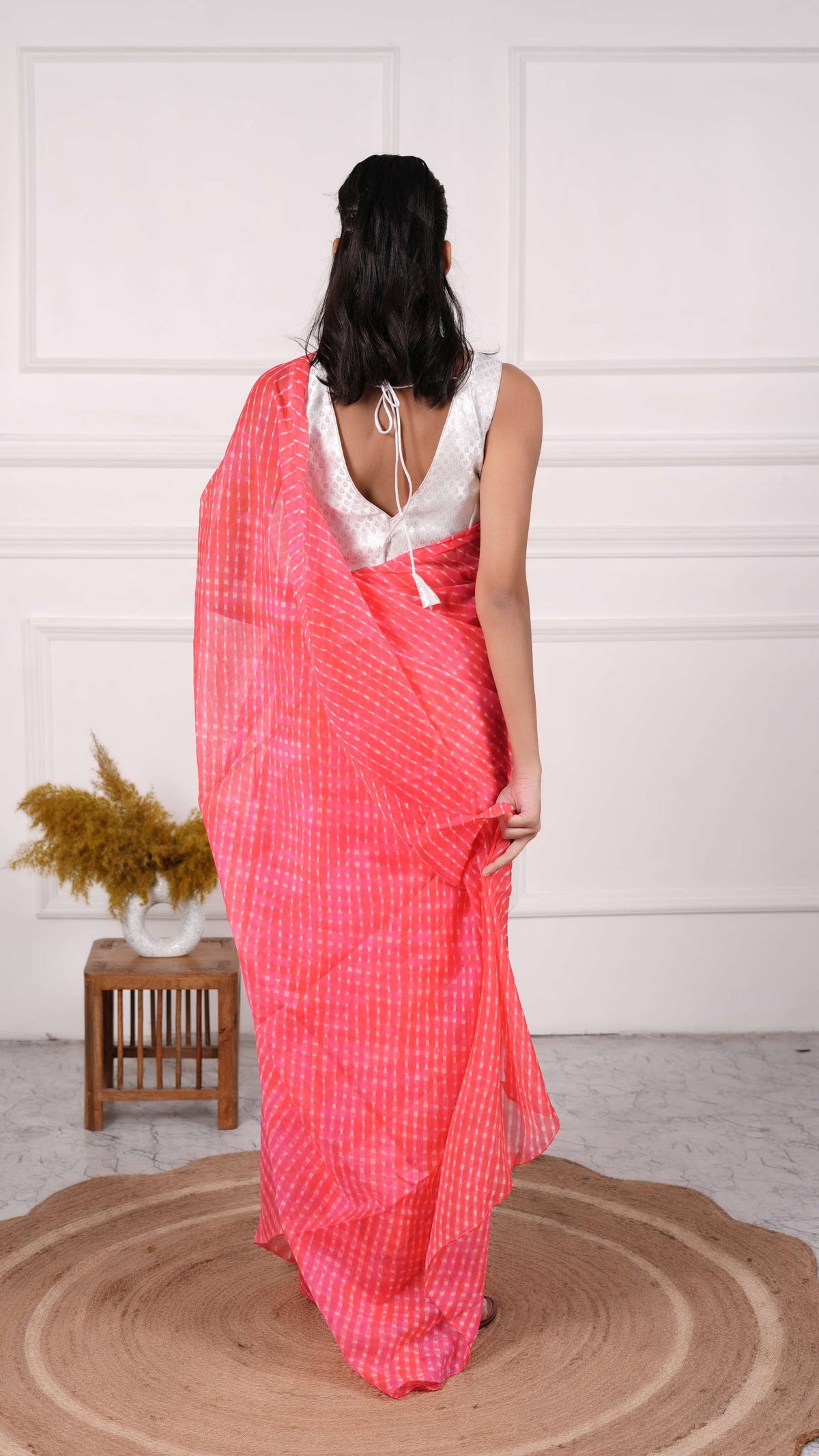 Pure Chinon Lehariya Saree, Mothra Design, Double Lehariya, Color-Coral Red