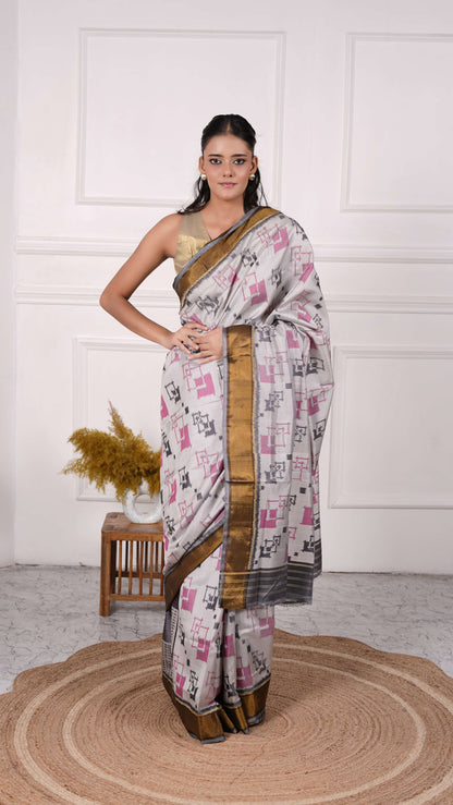 Contemporary design Patola Saree, Mulberry Silk, Color-Grey