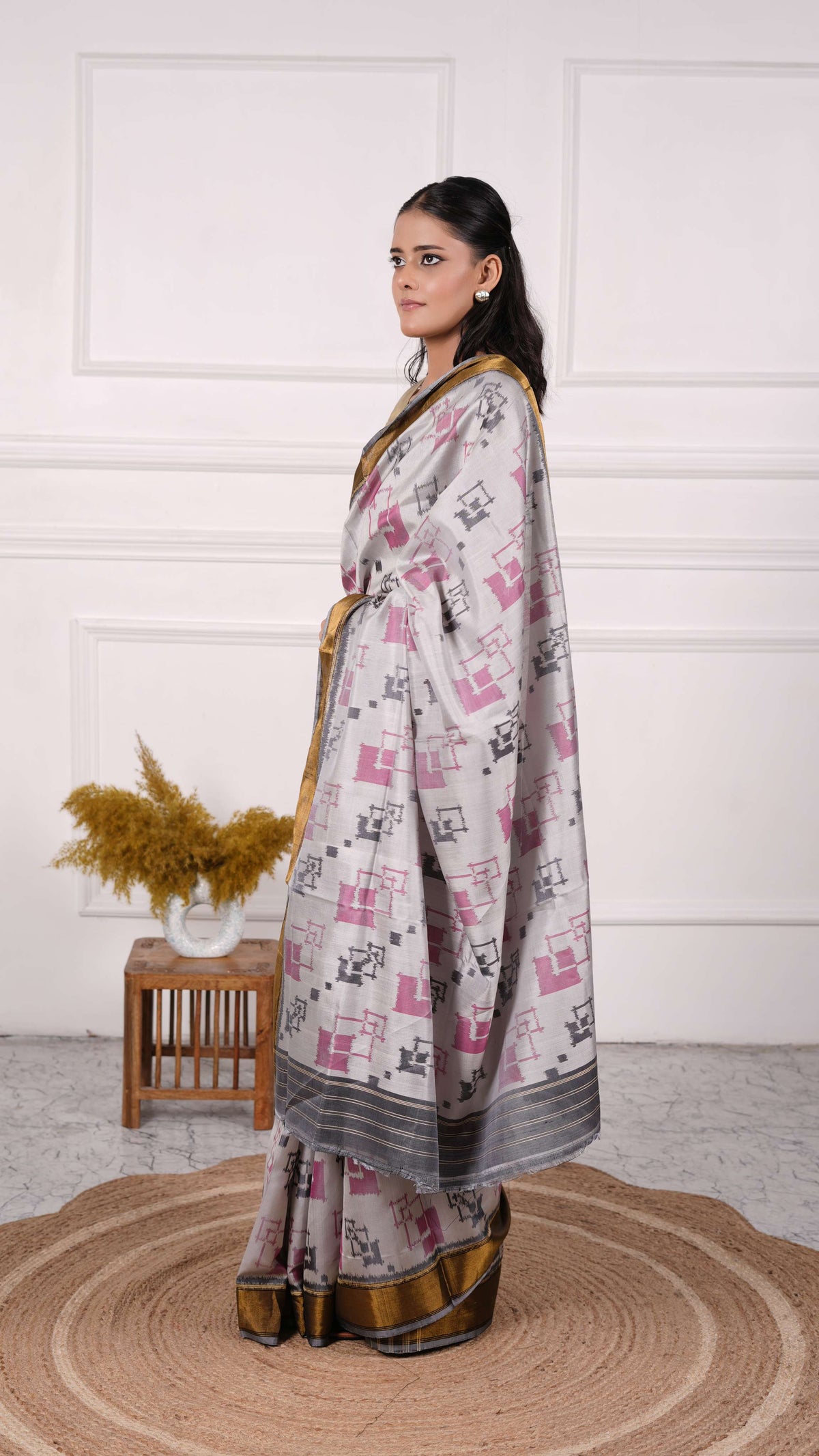 Contemporary design Patola Saree, Mulberry Silk, Color-Grey
