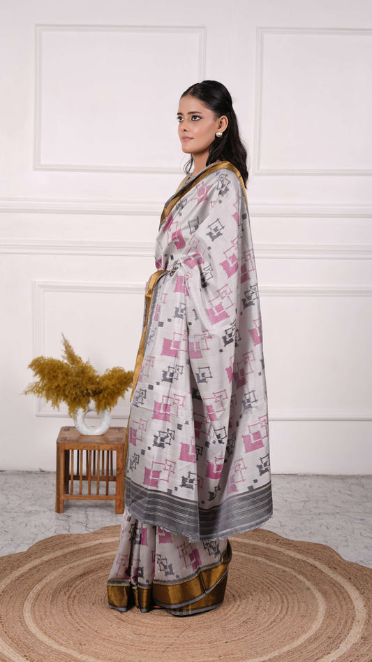 Contemporary design Patola Saree, Mulberry Silk, Color-Grey