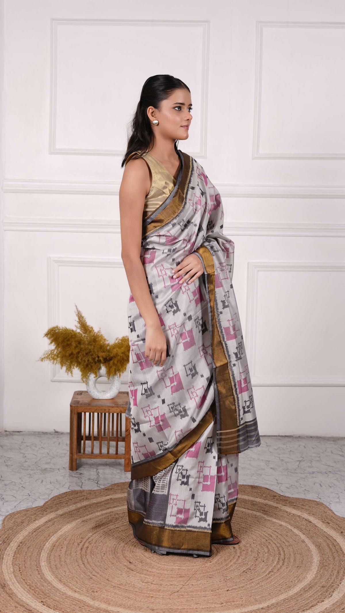 Contemporary design Patola Saree, Mulberry Silk, Color-Grey