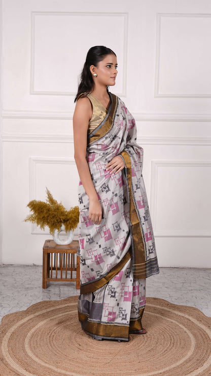 Contemporary design Patola Saree, Mulberry Silk, Color-Grey
