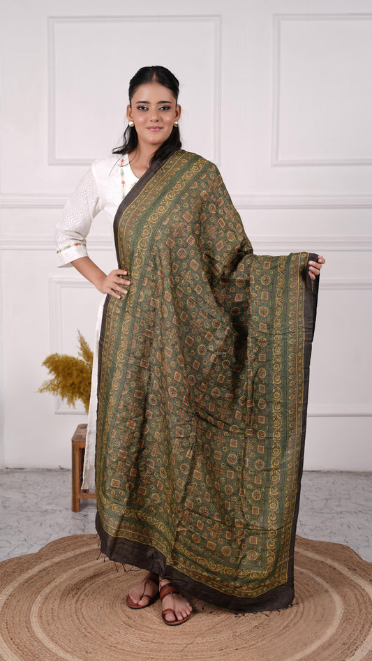 Ajrakh Dupatta, 100% Tussar Silk, Color-Olive Green