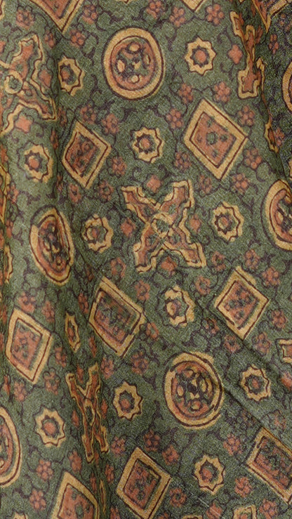 Ajrakh Dupatta, 100% Tussar Silk, Color-Olive Green
