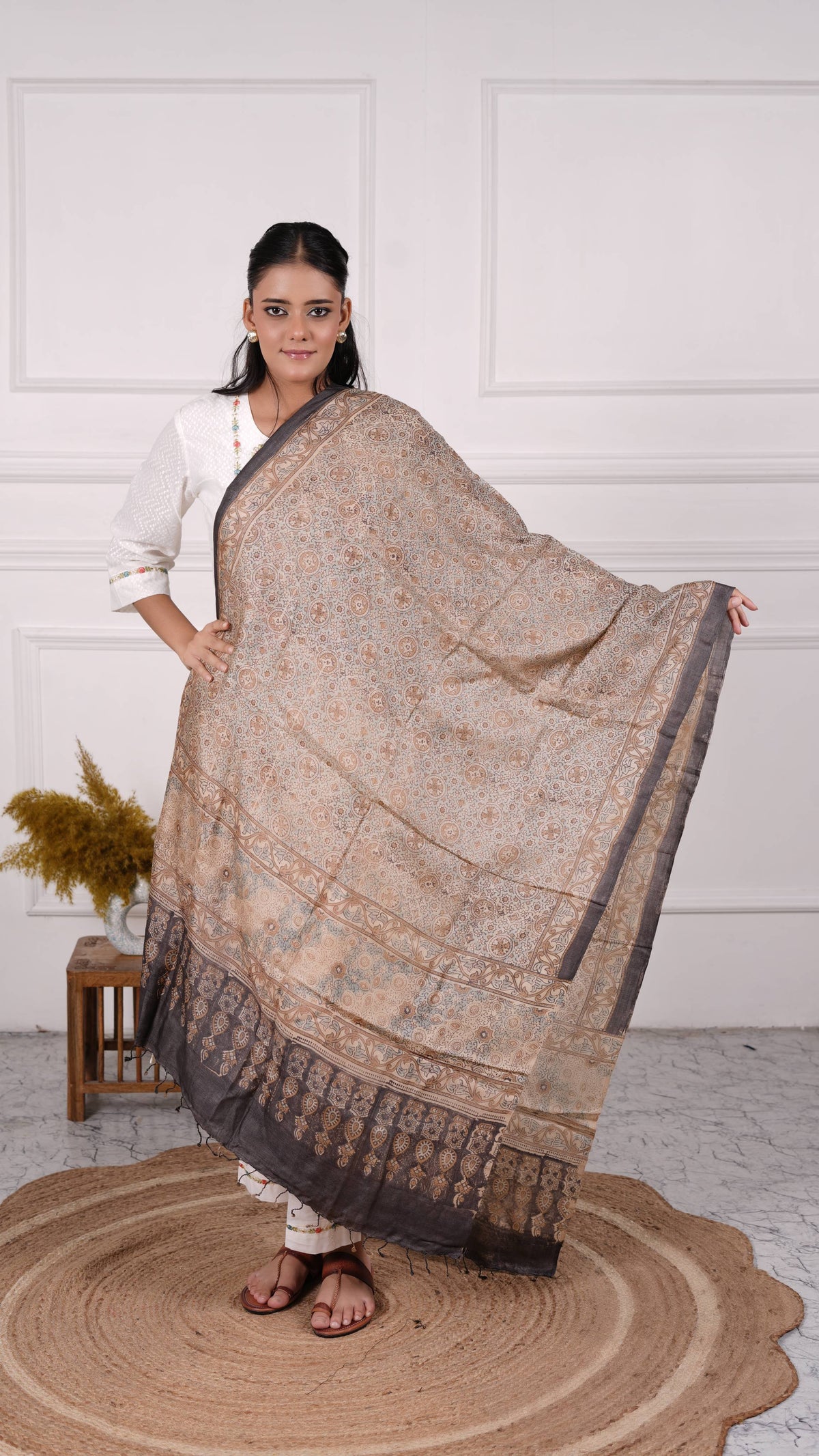 Ajrakh Dupatta, 100% Tussar Silk, Color-Beige