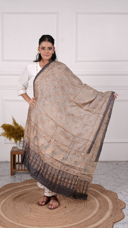 Ajrakh Dupatta, 100% Tussar Silk, Color-Beige