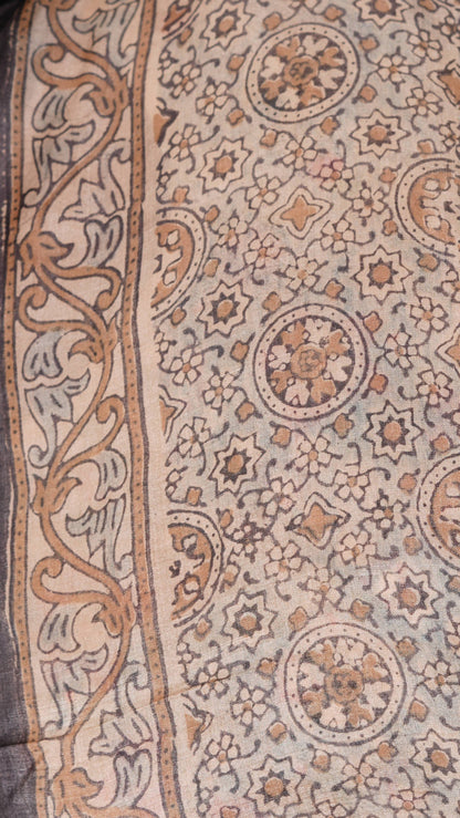 Ajrakh Dupatta, 100% Tussar Silk, Color-Beige